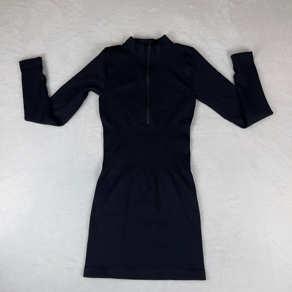 OQQ Bodycon Mini Dress Women Medium Black Compression Ribbed Knitted Quarter Zip
